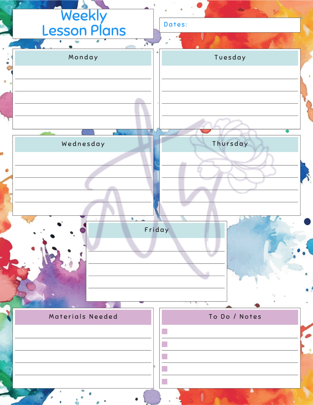 Colorful Weekly Lesson Plan Template | Printable Teacher Planner | 8 Aesthetic Designs | Weekly Lesson Planning Pages | Instant Digital Download