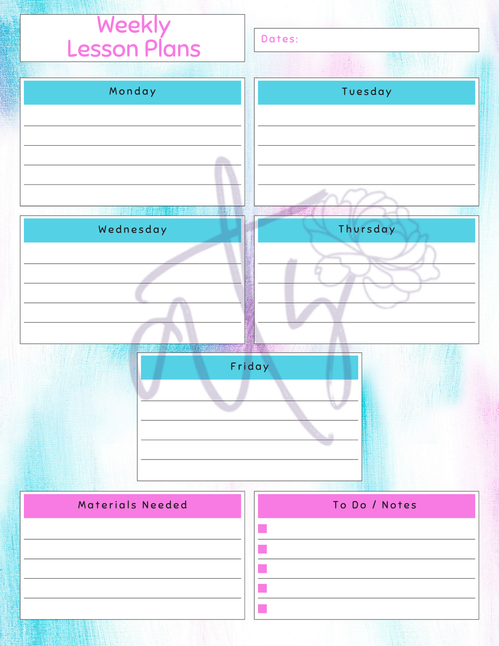 Colorful Weekly Lesson Plan Template | Printable Teacher Planner | 8 Aesthetic Designs | Weekly Lesson Planning Pages | Instant Digital Download