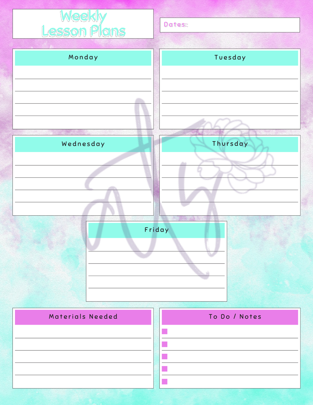 Colorful Weekly Lesson Plan Template | Printable Teacher Planner | 8 Aesthetic Designs | Weekly Lesson Planning Pages | Instant Digital Download
