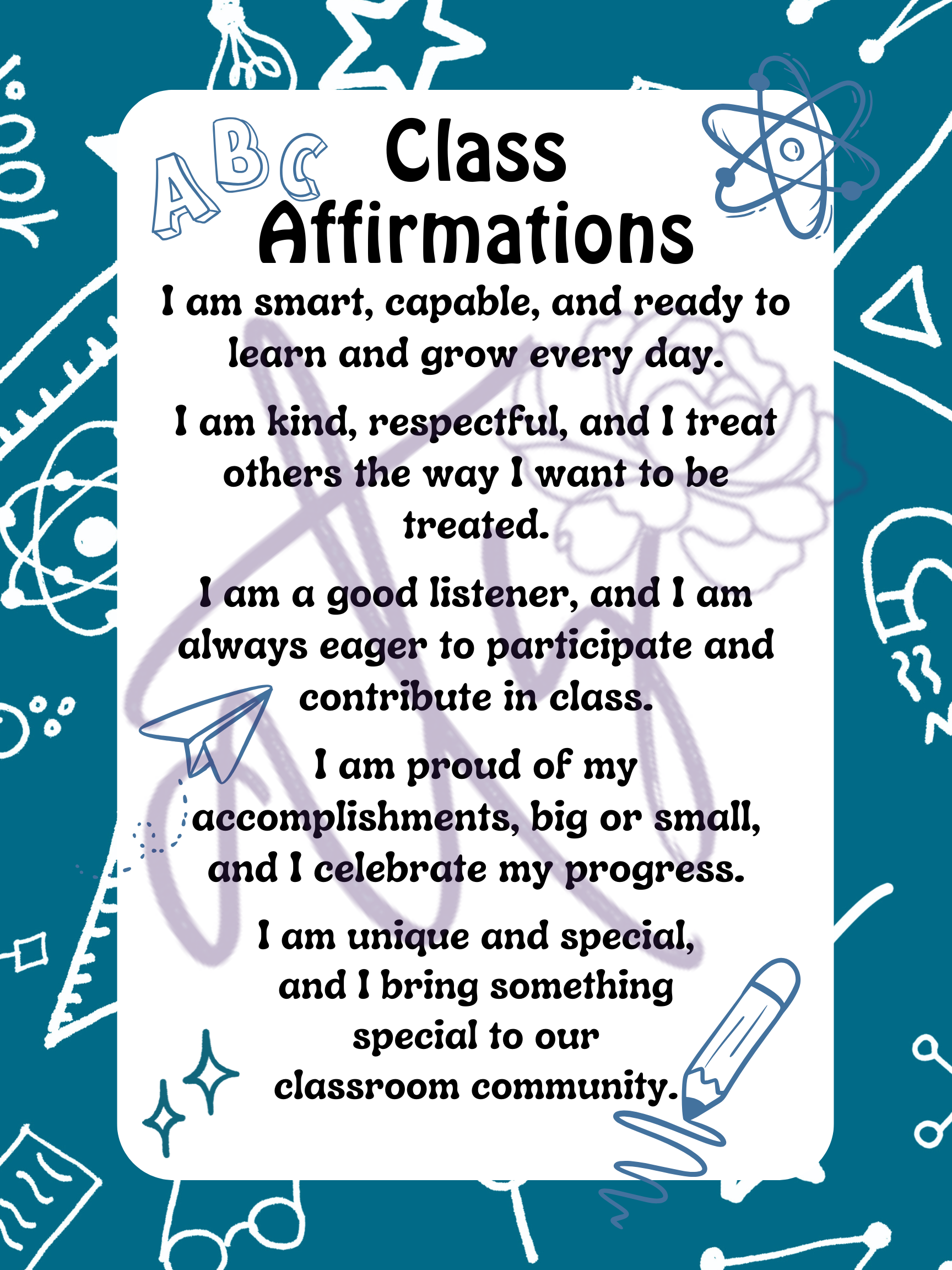Class Affirmations Poster with Doodle Accents | Printable Positive Mindset Classroom Decor | Growth Mindset Wall Art | Social Emotional Learning | Teacher Digital Download