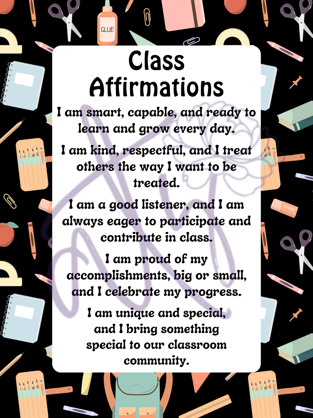 Class Affirmations Poster with School Supply Accents | Printable Positive Mindset Classroom Decor | Growth Mindset Wall Art | Social Emotional Learning | Teacher Digital Download