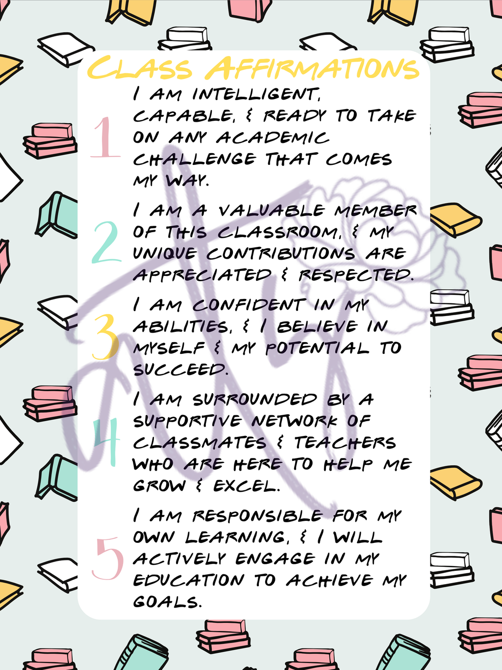 Classroom Affirmations Poster with Book Accents | Printable Growth Mindset Wall Art | Positive Student Affirmations | Teacher Classroom Decor | Instant Digital Download