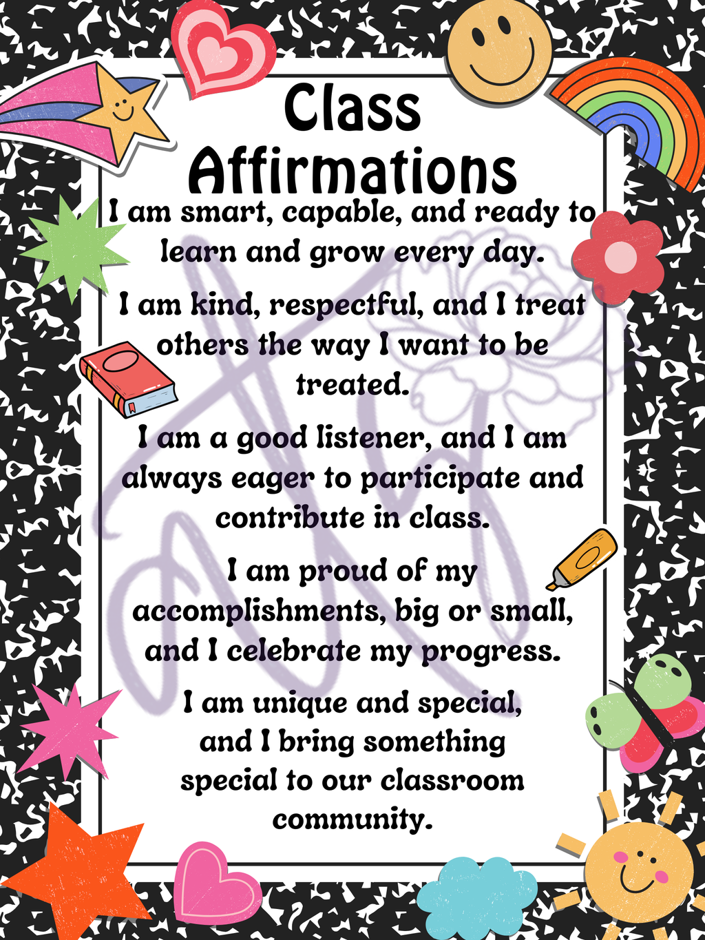 Class Affirmations Poster with Composition Accents | Printable Positive Mindset Classroom Decor | Growth Mindset Wall Art | Social Emotional Learning | Teacher Digital Download