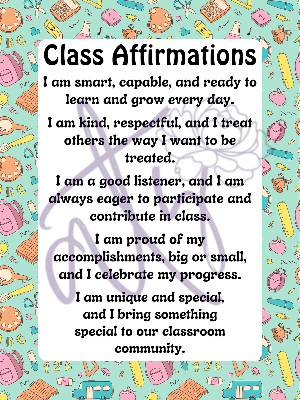 Class Affirmations Poster with School Accents | Printable Positive Mindset Classroom Decor | Growth Mindset Wall Art | Social Emotional Learning | Teacher Digital Download
