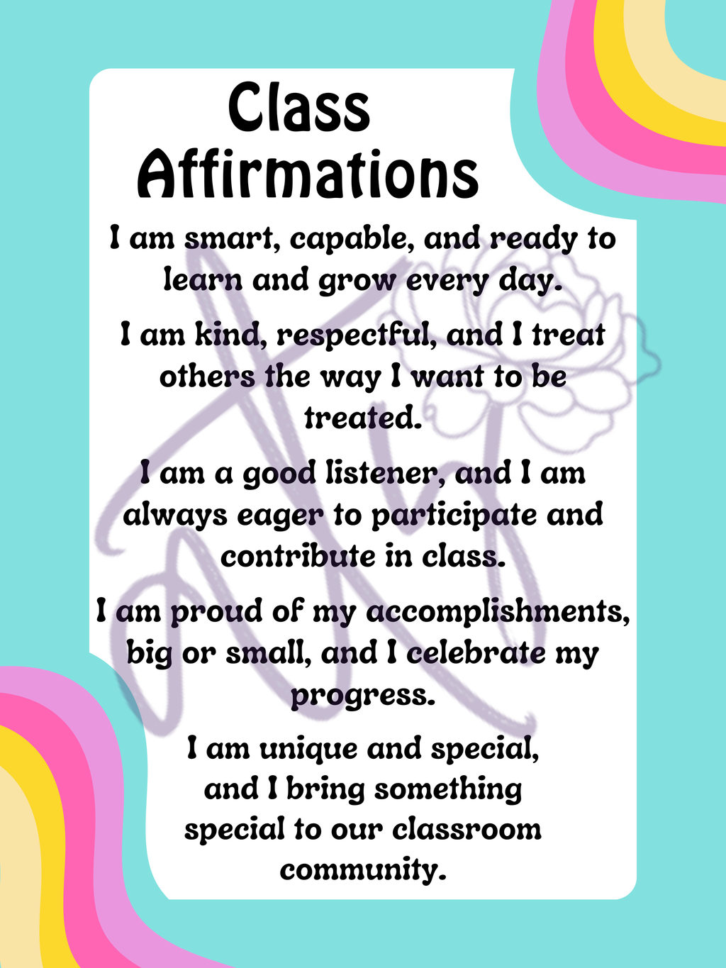 Class Affirmations Poster with Rainbow Accents | Printable Positive Mindset Classroom Decor | Growth Mindset Wall Art | Social Emotional Learning | Teacher Digital Download