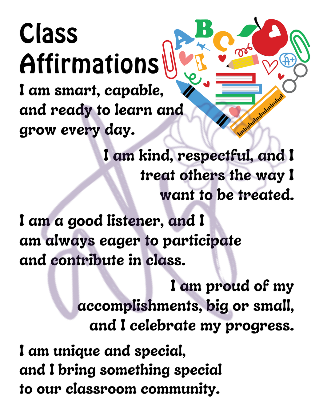 Class Affirmations Poster with Supply Heart | Printable Positive Mindset Classroom Decor | Growth Mindset Wall Art | Social Emotional Learning | Teacher Digital Download