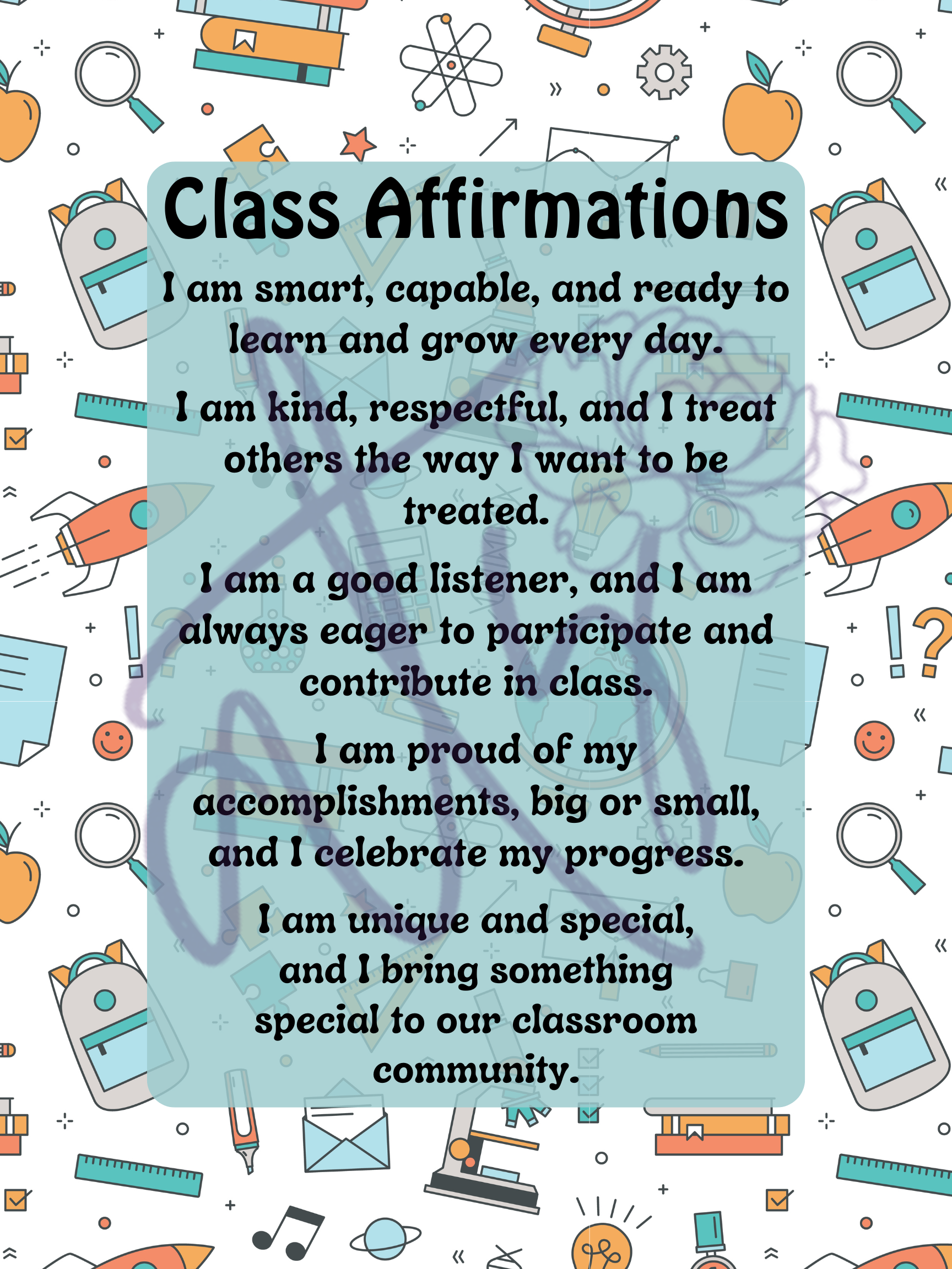 Class Affirmations Poster with Classroom Accents | Printable Positive Mindset Classroom Decor | Growth Mindset Wall Art | Social Emotional Learning | Teacher Digital Download