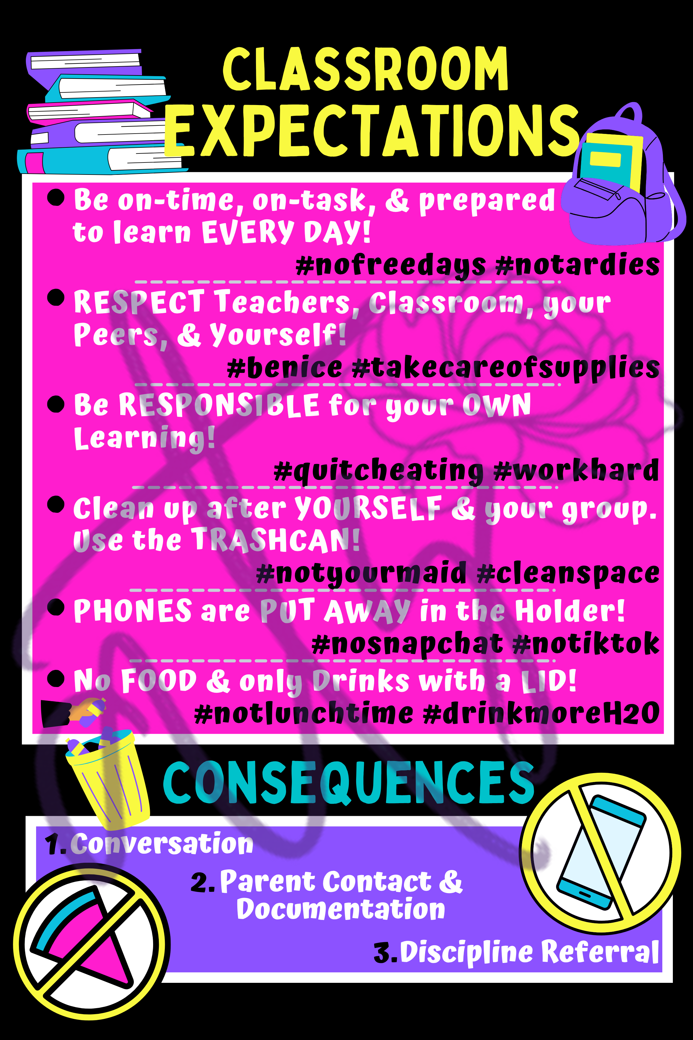 Classroom Expectations Poster | Middle & High School Classroom Rules | Printable Teacher Decor | Instant Digital Download | Bright Neon Classroom Sign