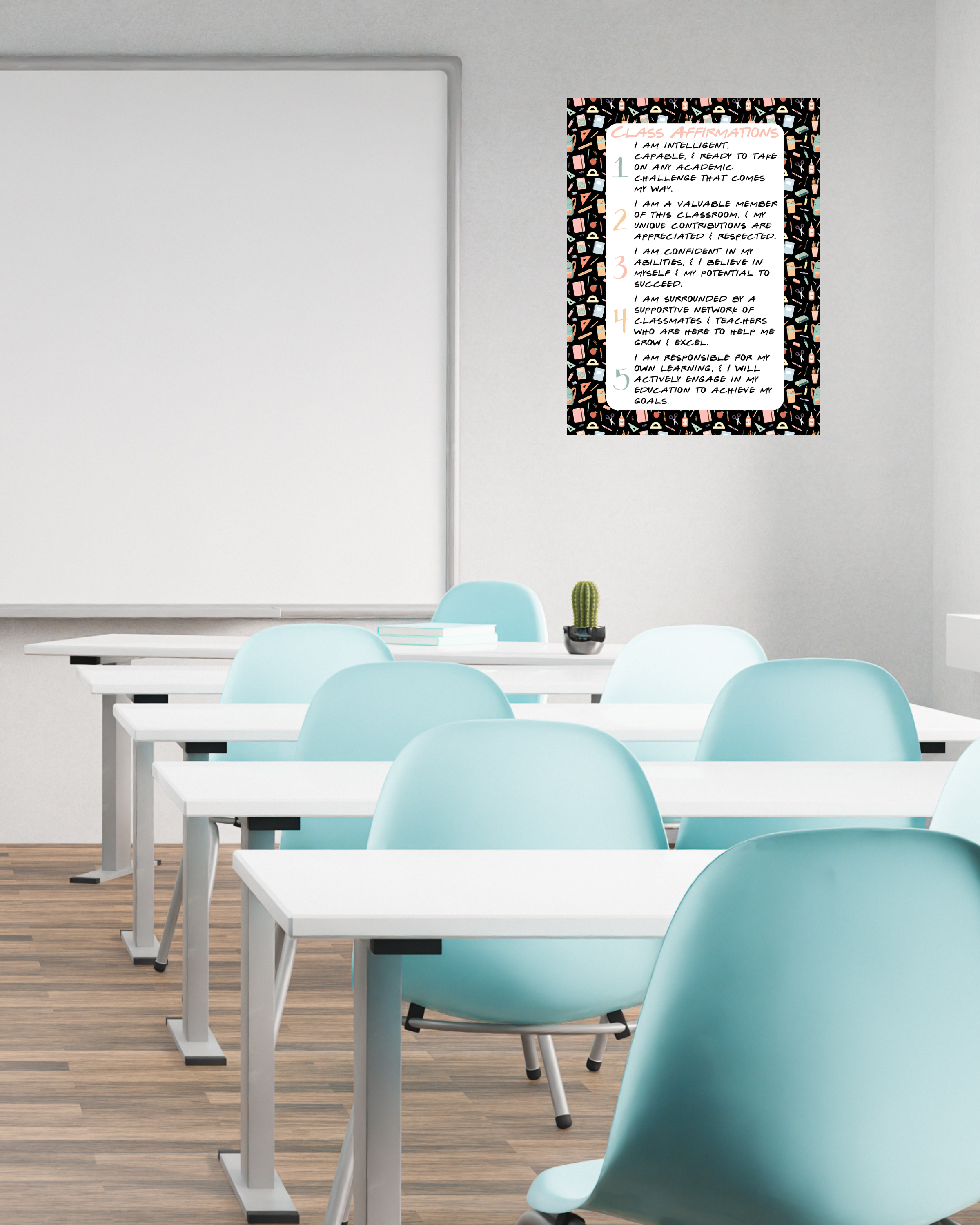 Classroom Affirmations Poster with School Supplies | Printable Growth Mindset Wall Art | Positive Student Affirmations | Teacher Classroom Decor | Instant Digital Download
