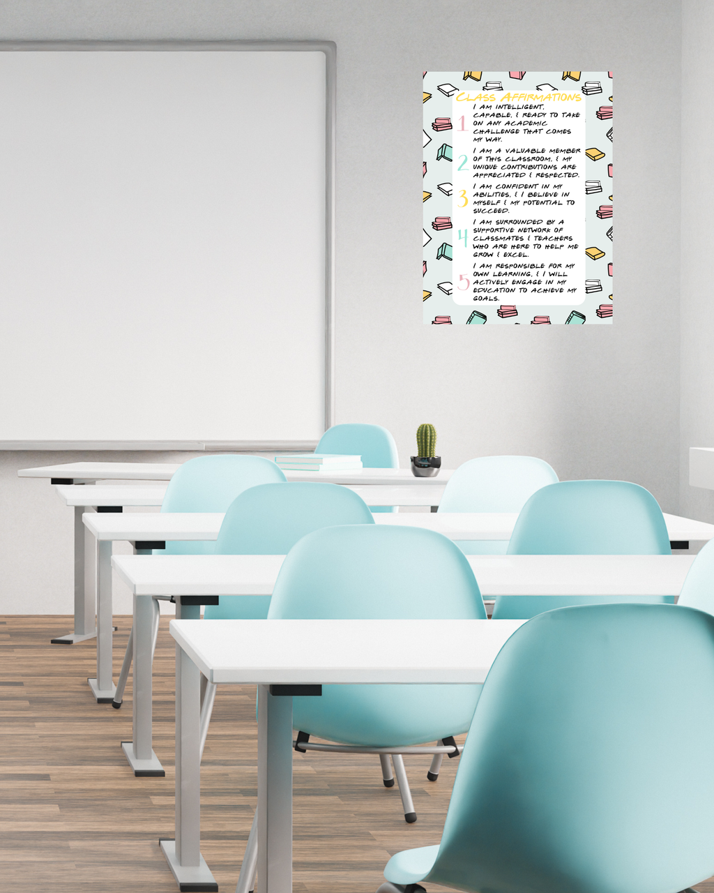 Classroom Affirmations Poster with Book Accents | Printable Growth Mindset Wall Art | Positive Student Affirmations | Teacher Classroom Decor | Instant Digital Download
