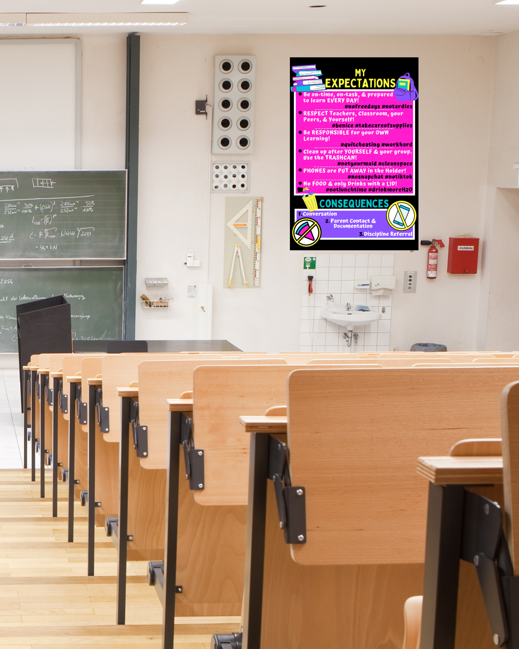 Classroom Expectations Poster | Middle & High School Classroom Rules | Printable Teacher Decor | Instant Digital Download | Bright Neon Classroom Sign