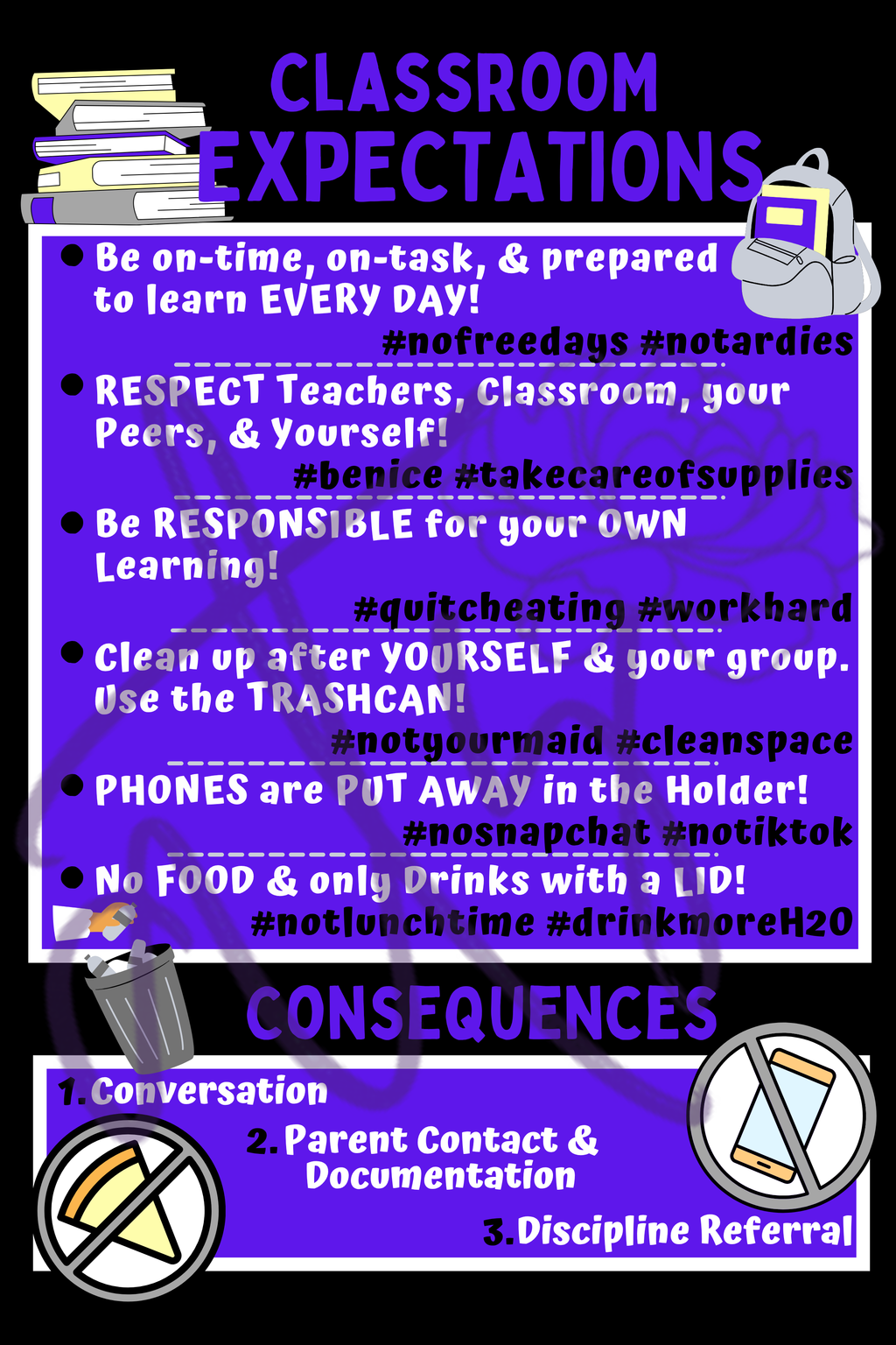 Classroom Expectations Poster | Middle & High School Classroom Rules | Printable Teacher Decor | Instant Digital Download | Purple Black Classroom Sign