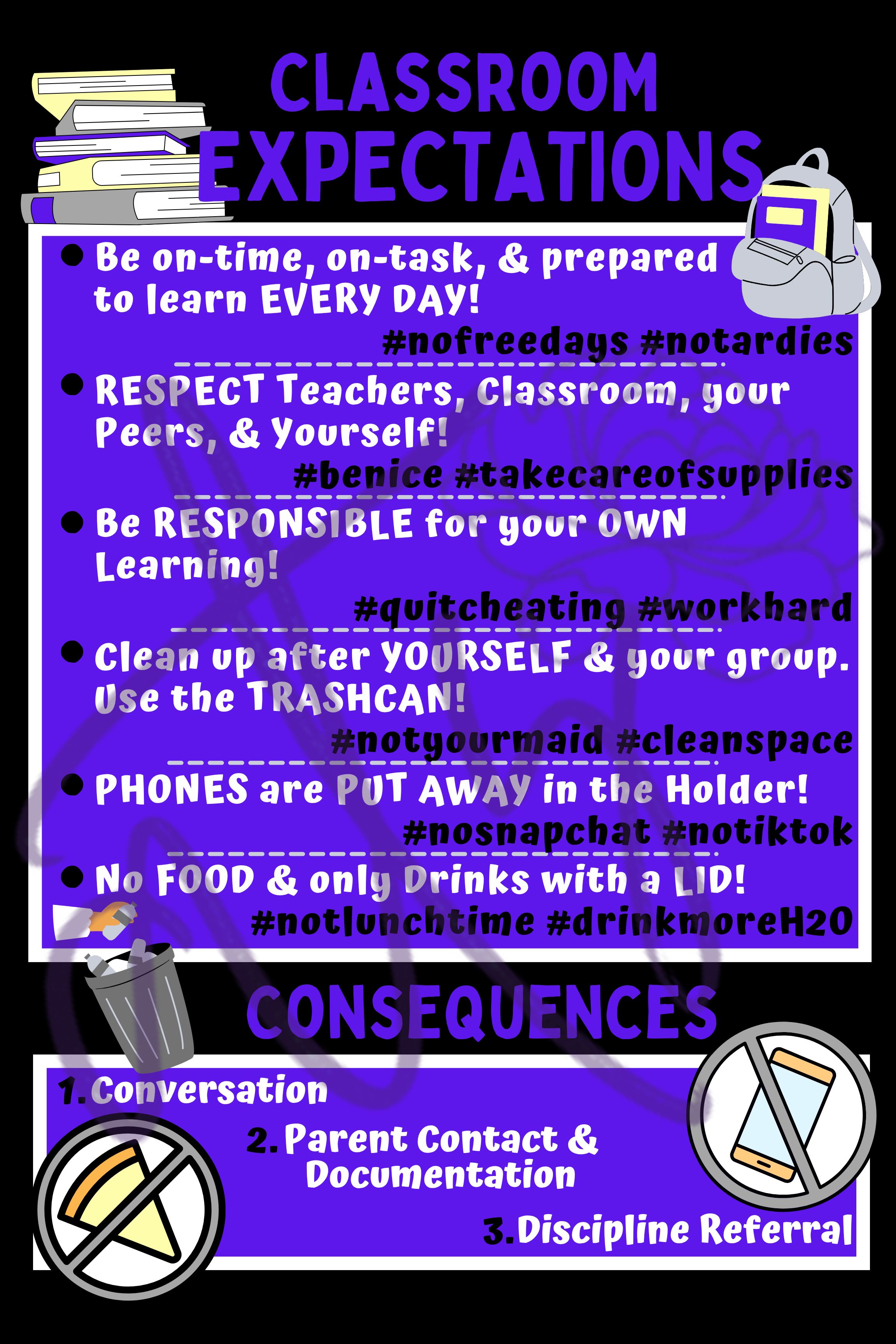 Classroom Expectations Poster | Middle & High School Classroom Rules | Printable Teacher Decor | Instant Digital Download | Purple Black Classroom Sign