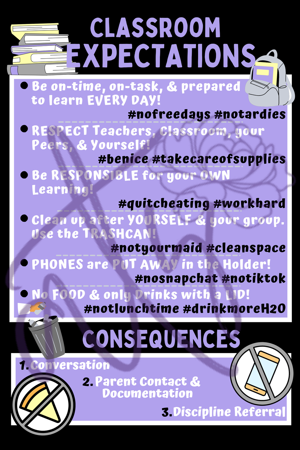 Classroom Expectations Poster | Middle & High School Classroom Rules | Printable Teacher Decor | Instant Digital Download | Light Purple Black Classroom Sign