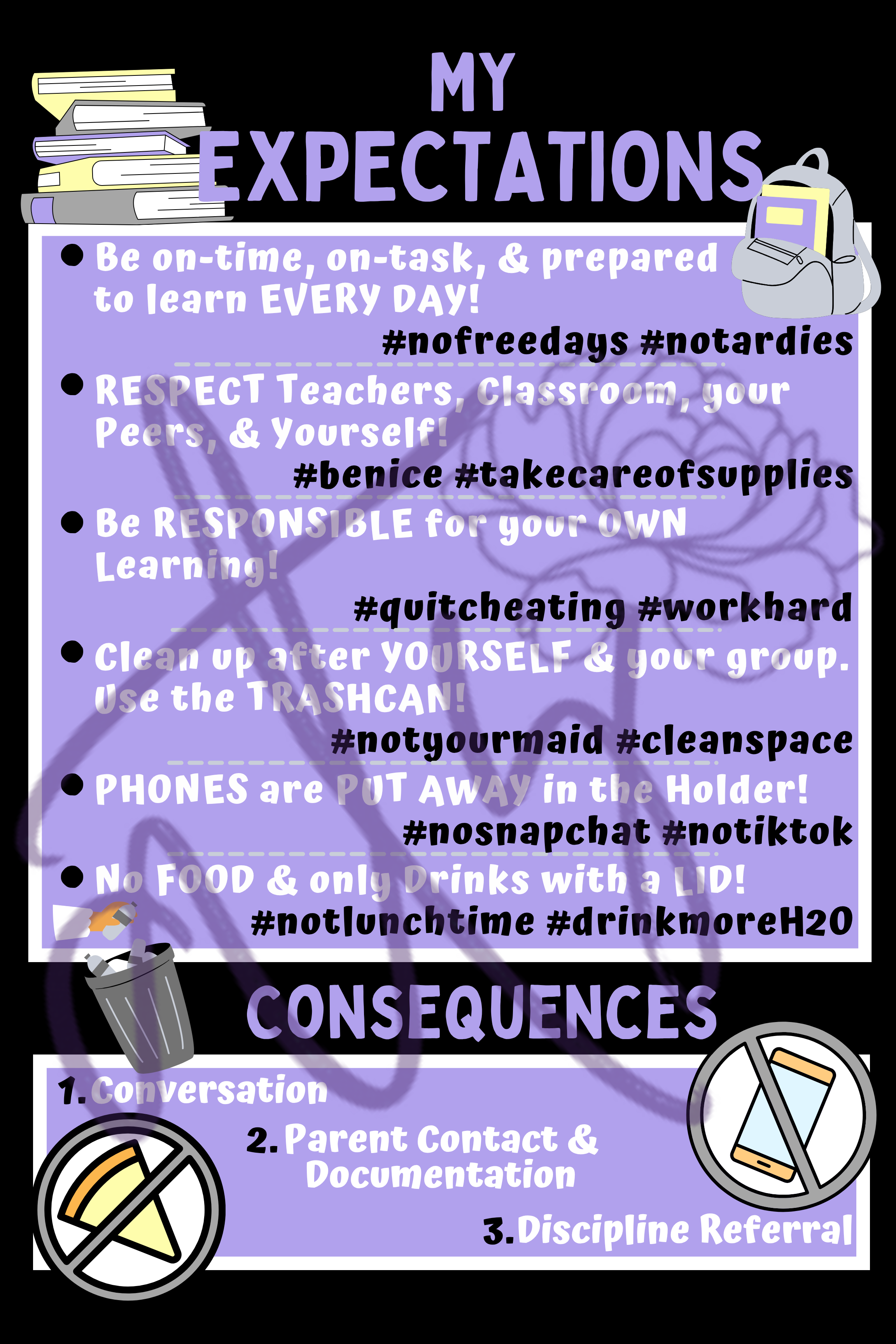 Classroom Expectations Poster | Middle & High School Classroom Rules | Printable Teacher Decor | Instant Digital Download | Light Purple Black Classroom Sign