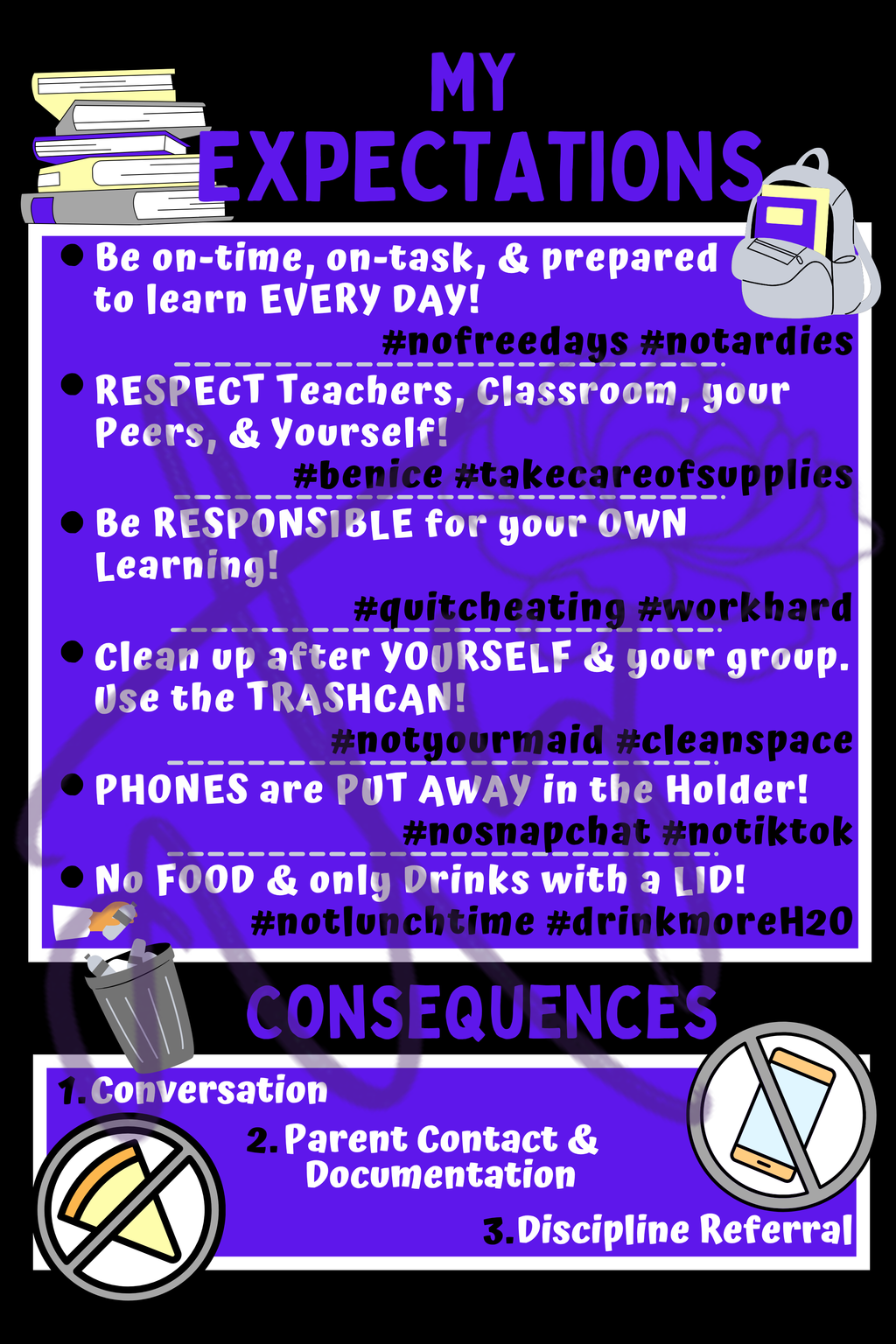 Classroom Expectations Poster | Middle & High School Classroom Rules | Printable Teacher Decor | Instant Digital Download | Purple Black Classroom Sign