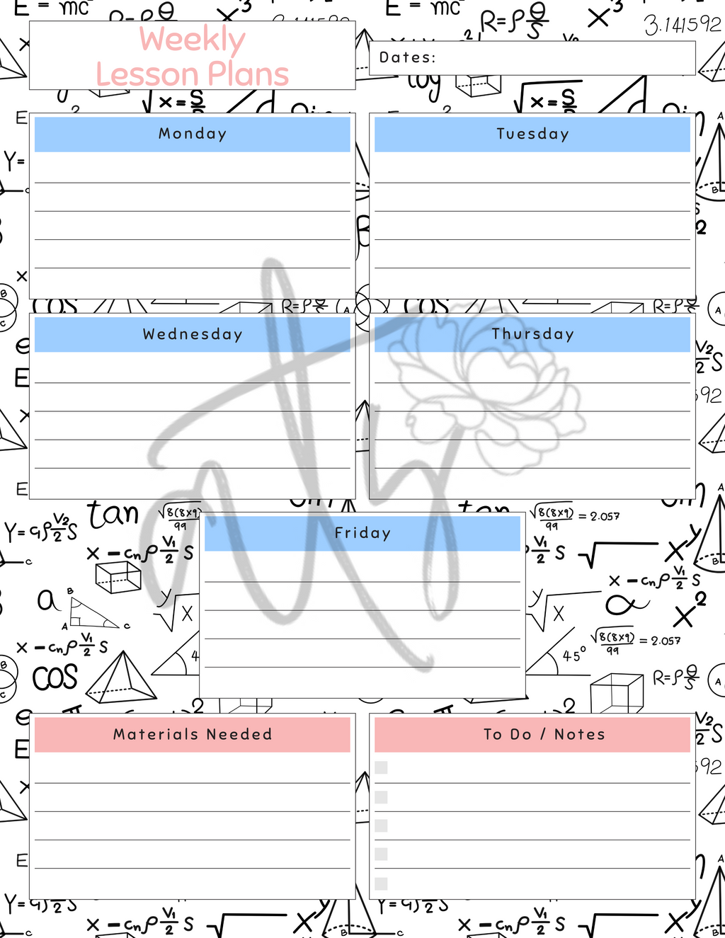 Math Weekly Lesson Plan Template | Printable Math Teacher Planner | 6 Math-Themed Designs | Weekly Lesson Planning | Instant Digital Download