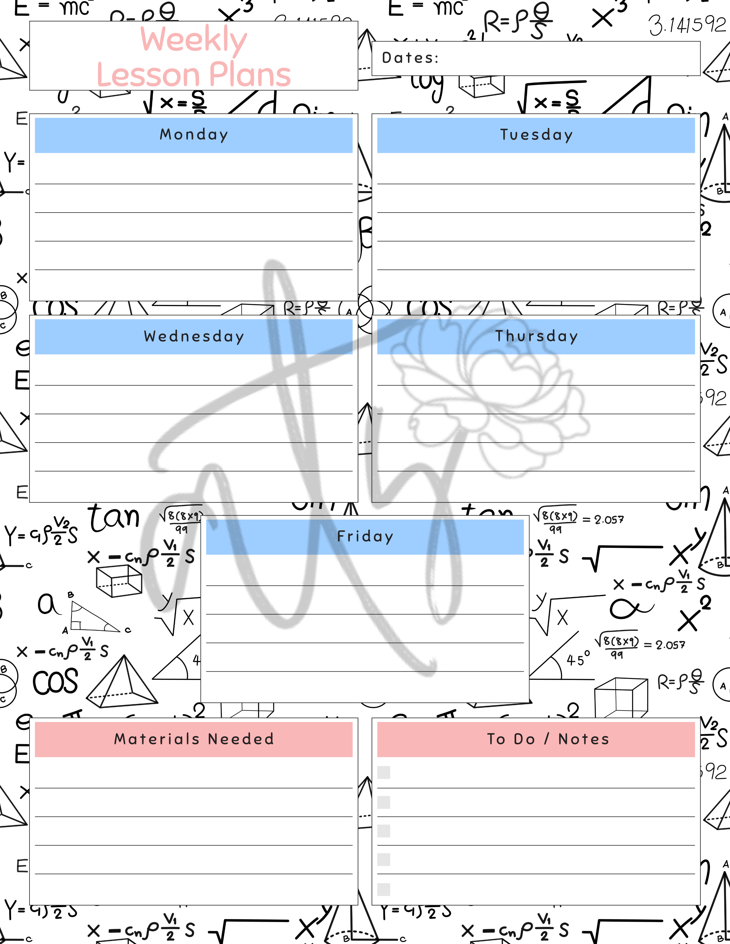 Math Weekly Lesson Plan Template | Printable Math Teacher Planner | 6 Math-Themed Designs | Weekly Lesson Planning | Instant Digital Download