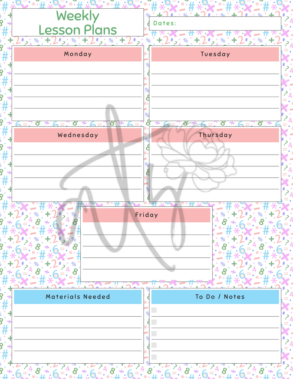 Math Weekly Lesson Plan Template | Printable Math Teacher Planner | 6 Math-Themed Designs | Weekly Lesson Planning | Instant Digital Download