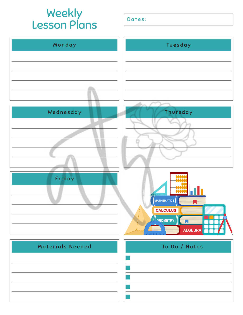 Math Weekly Lesson Plan Template | Printable Math Teacher Planner | 6 Math-Themed Designs | Weekly Lesson Planning | Instant Digital Download