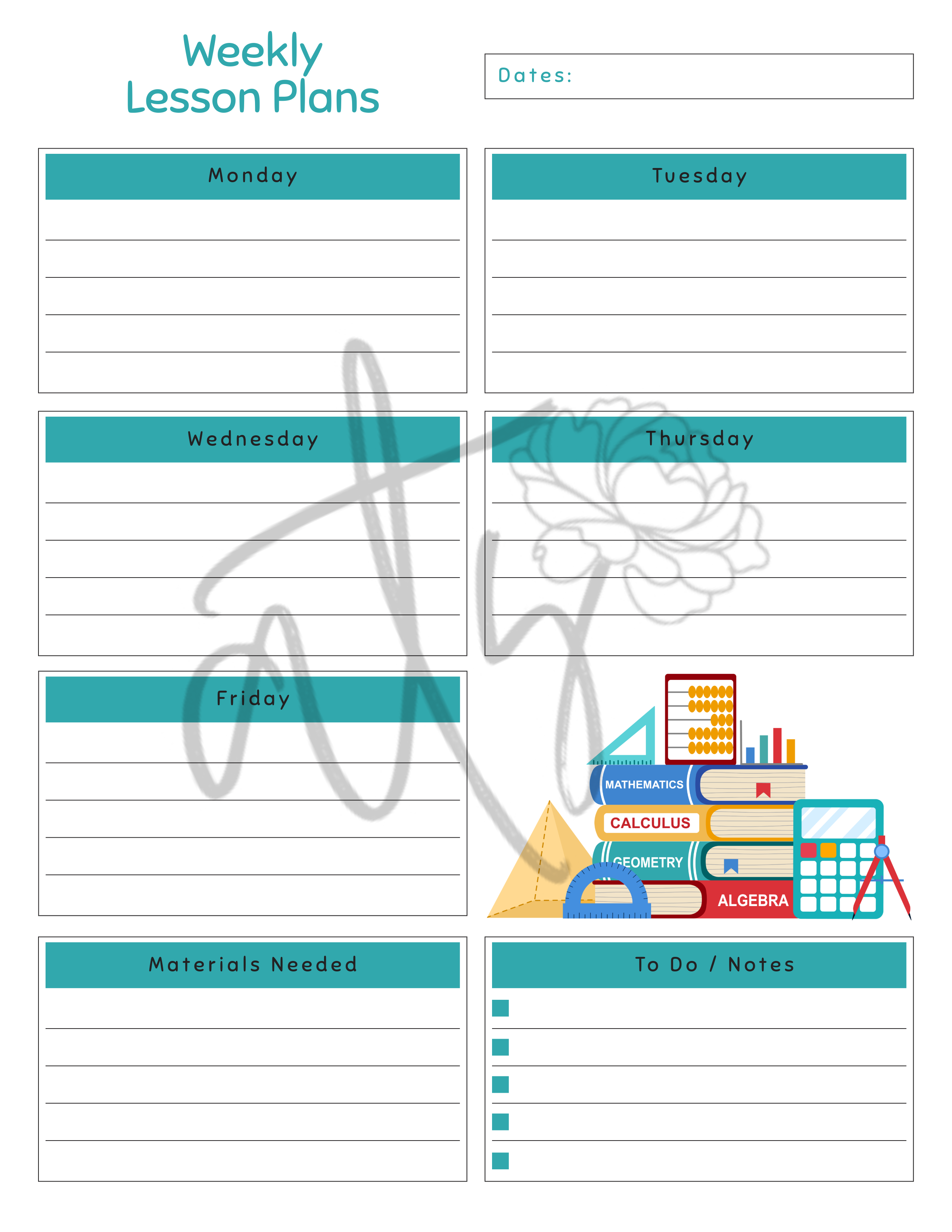 Math Weekly Lesson Plan Template | Printable Math Teacher Planner | 6 Math-Themed Designs | Weekly Lesson Planning | Instant Digital Download