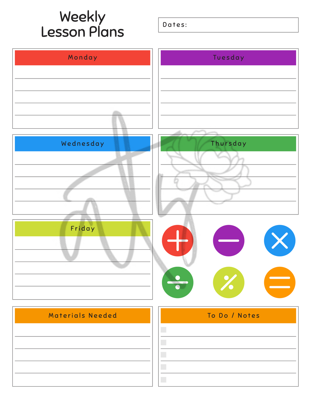Math Weekly Lesson Plan Template | Printable Math Teacher Planner | 6 Math-Themed Designs | Weekly Lesson Planning | Instant Digital Download