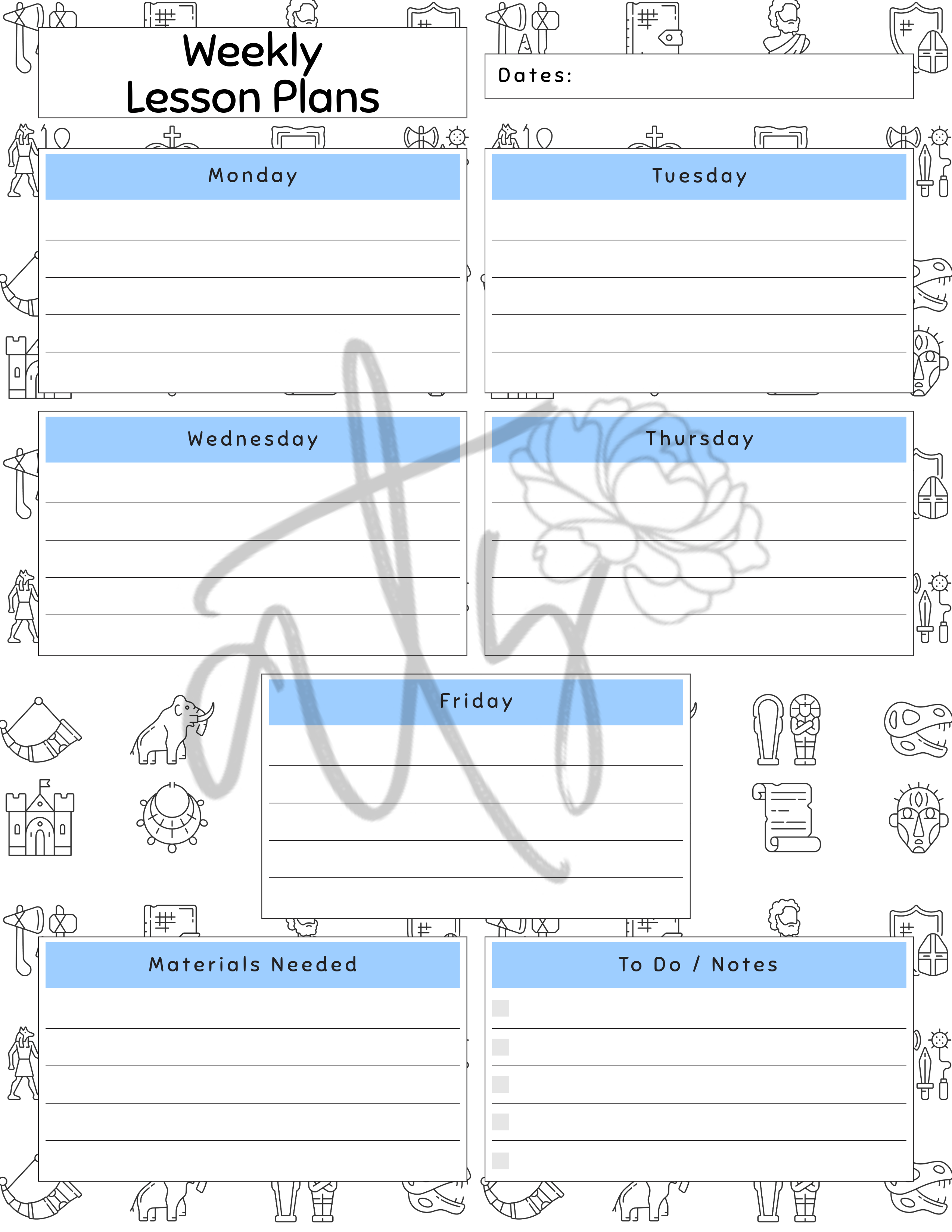 Social Studies & History Weekly Lesson Plan Template | Printable Teacher Planner | 8 History-Themed Designs | Weekly Lesson Planning | Instant Digital Download